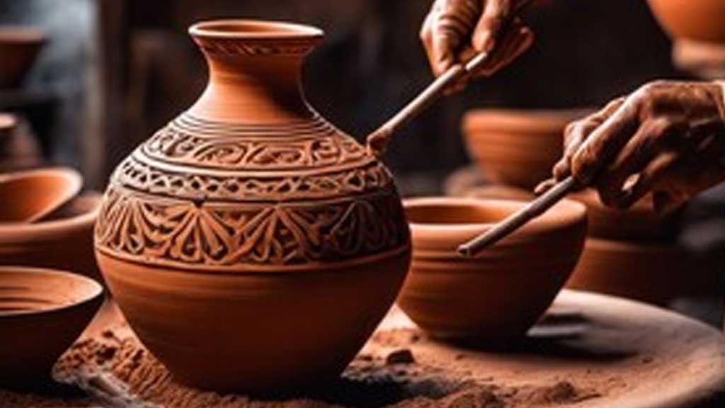 A vase that was wheel-thrown with an intricate hand-built pattern added prior to firing